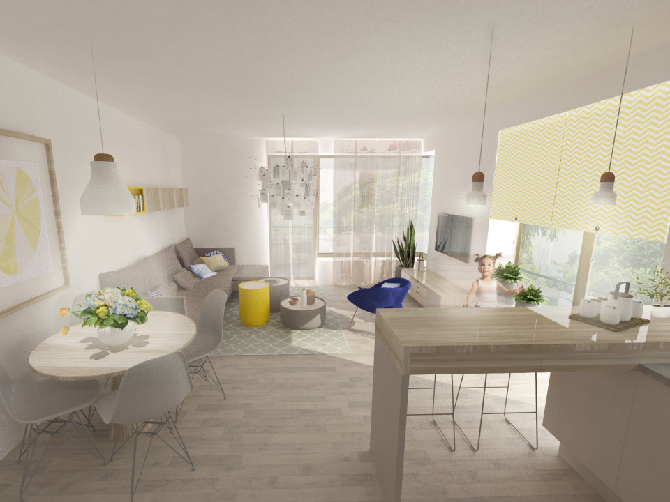 pohled od kuchyňského koutu k obývací části pokoje | 1+1 atelier