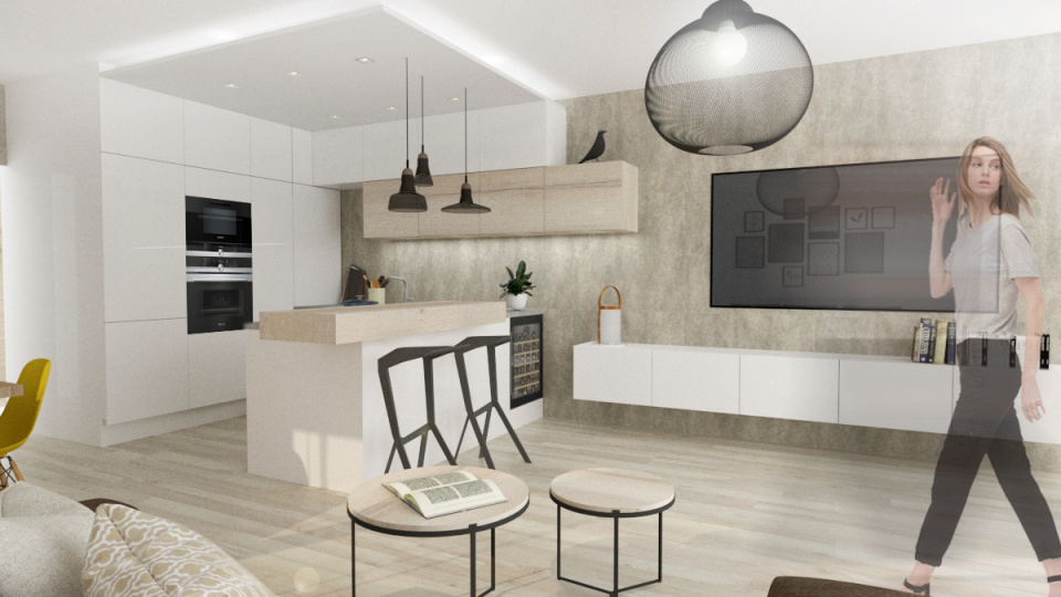 pohled do nově propojené obývací části pokoje a kuchyně | 1+1 atelier